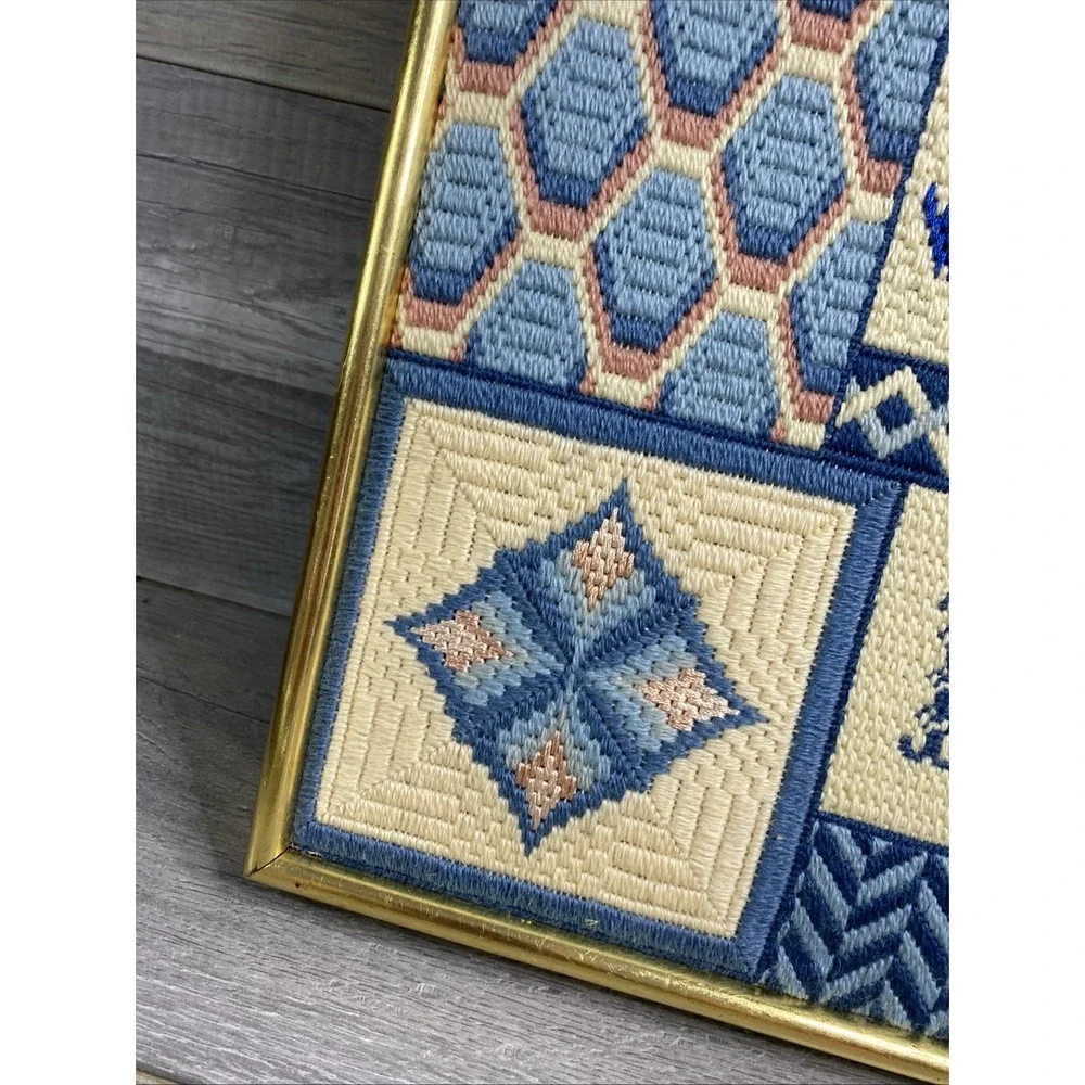 VTG Cross Stitch, 14x15 Art Deco Textile Tapestry‎ Blue Pink Off-White Letter B